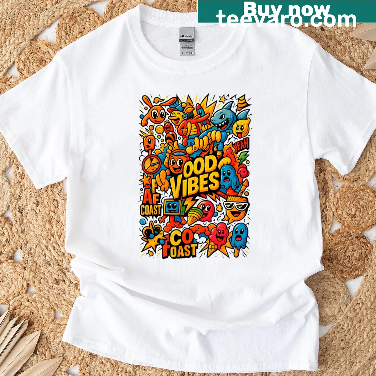 Good vibes graffiti-style t-shirt with cartoon art — on a men's t-shirt