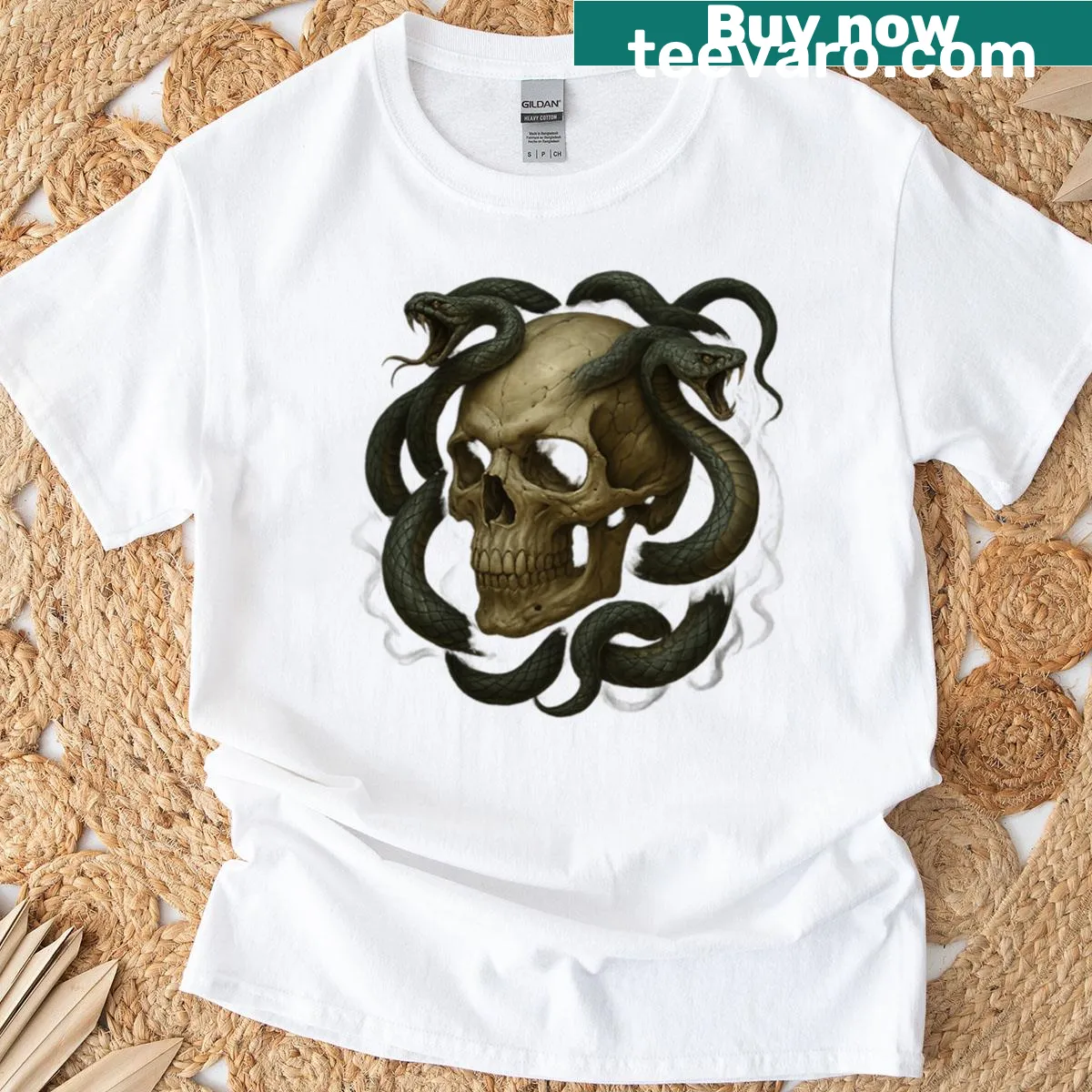 Gothic skull graphic t-shirt with candles, perfect for alternative fashion — on a men's t-shirt