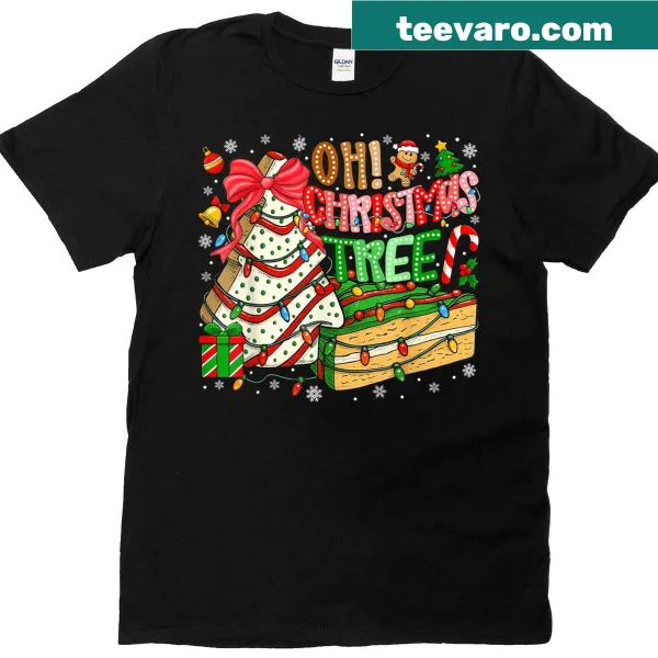 T-shirt featuring a whimsical illustration of Christmas cakes and cookies
