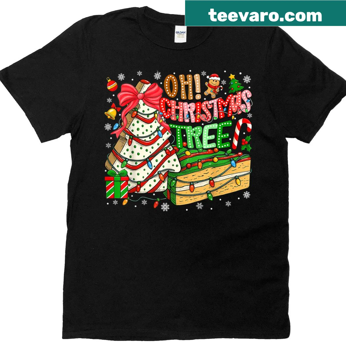 T-shirt featuring a whimsical illustration of Christmas cakes and cookies — on a men's t-shirt