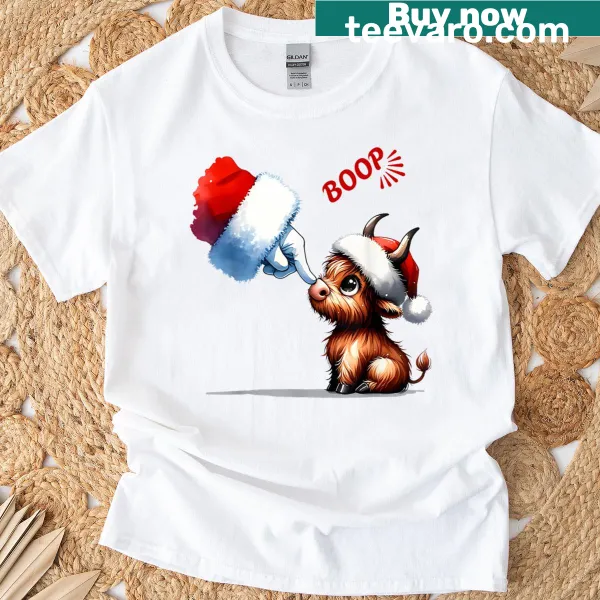 Illustrated Highland cow in Santa hat for Christmas t-shirt