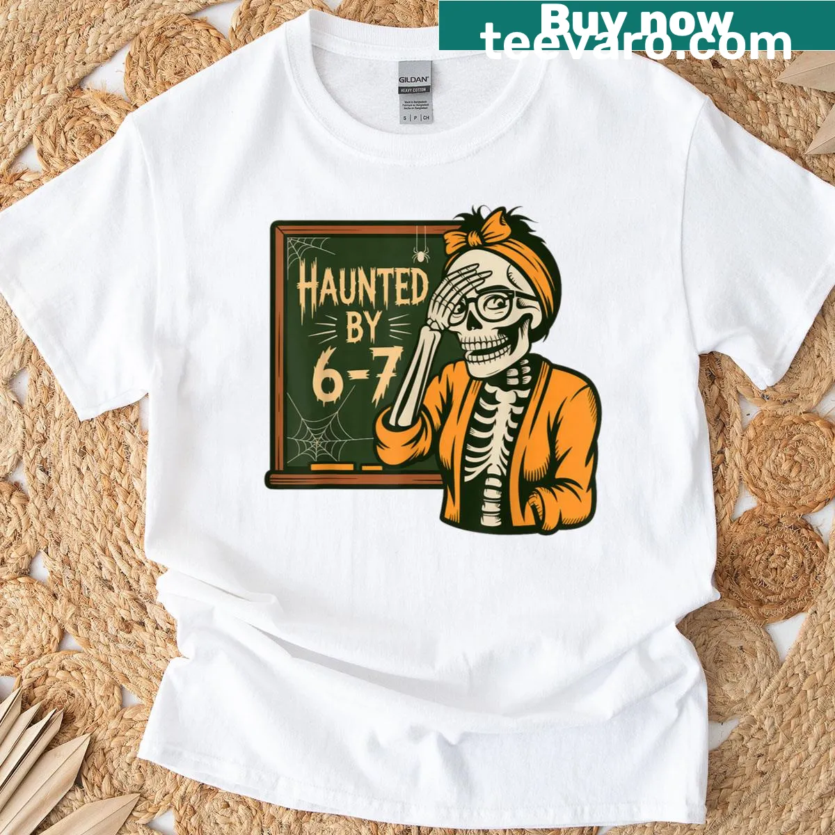 Illustration of a skeleton teacher with a humorous Halloween theme — on a men's t-shirt