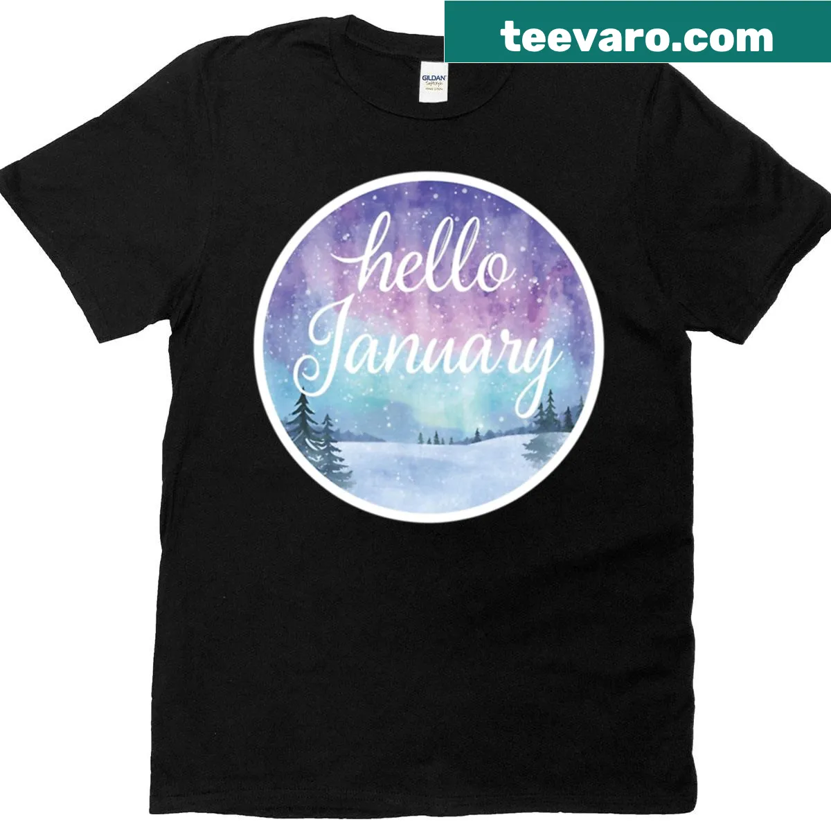 Winter T-shirt featuring an aurora snowy sky design for nature lovers — on a men's t-shirt