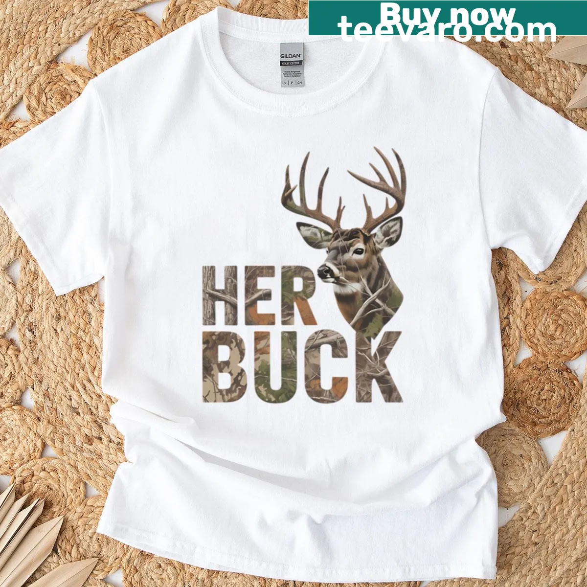 Couple's T-shirt with deer and camouflage design for hunting — on a men's t-shirt