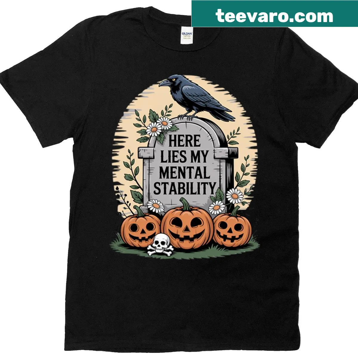 Funny Halloween t-shirt with the text 'Here Lies My Mental Stability' — on a men's t-shirt