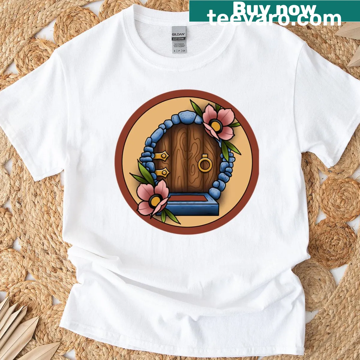 Illustrated Hobbit door on t-shirt — on a men's t-shirt