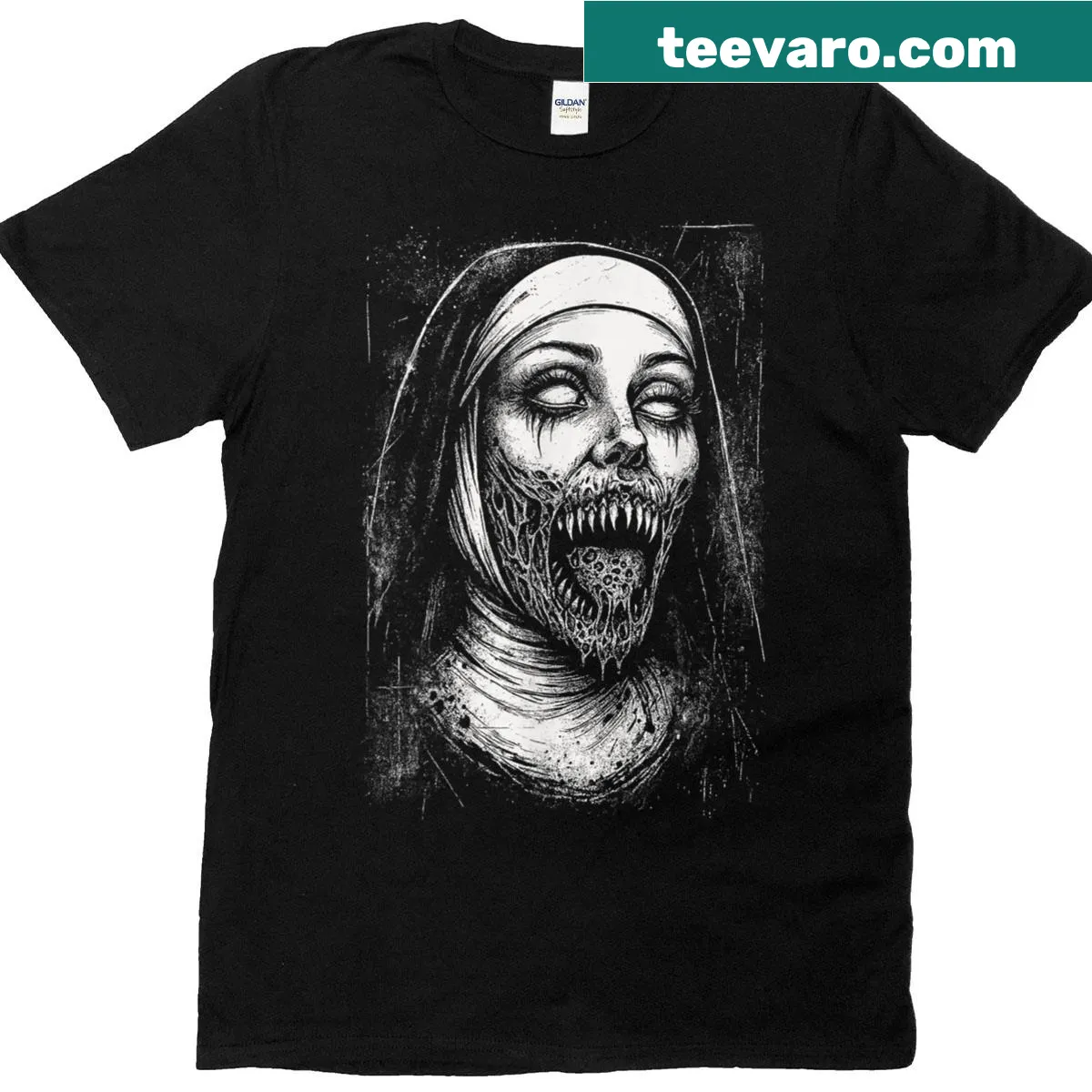Creepy nun graphic shirt with dark, horror elements — on a men's t-shirt