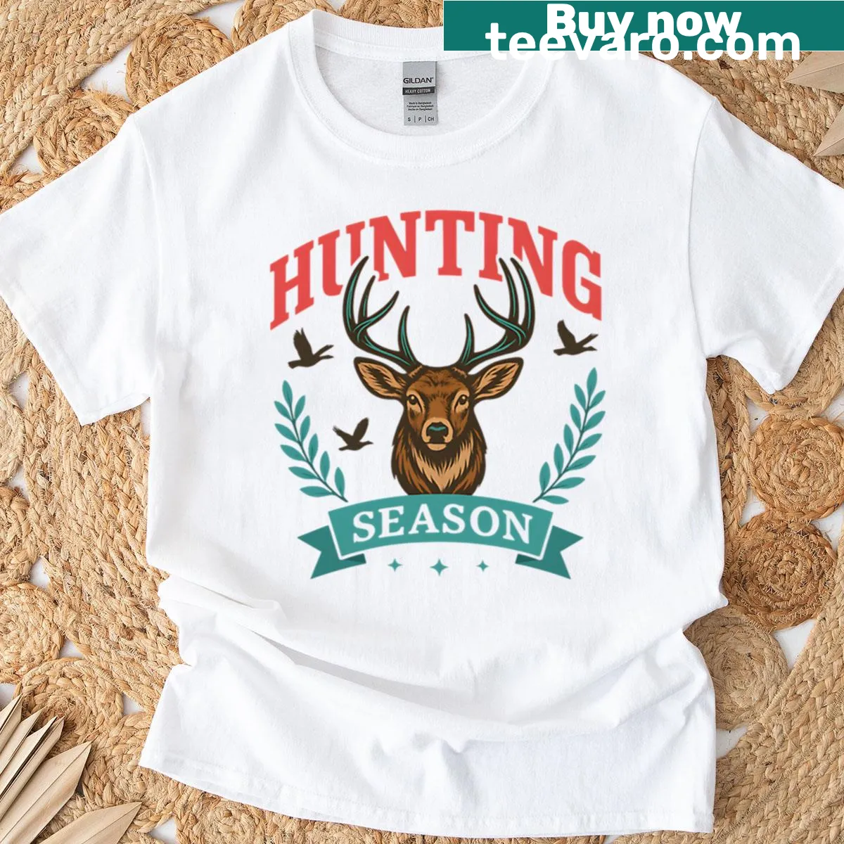 Bold typography reading 'Hunting Season' on a t-shirt — on a men's t-shirt