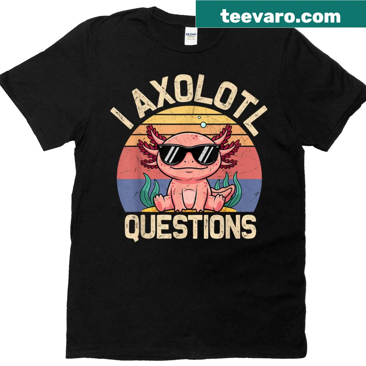 Retro axolotl t-shirt with cute graphic and playful text — on a men's t-shirt
