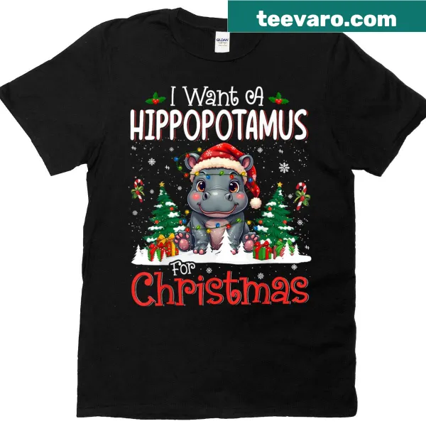 Playful Christmas T-shirt featuring a hippopotamus illustration