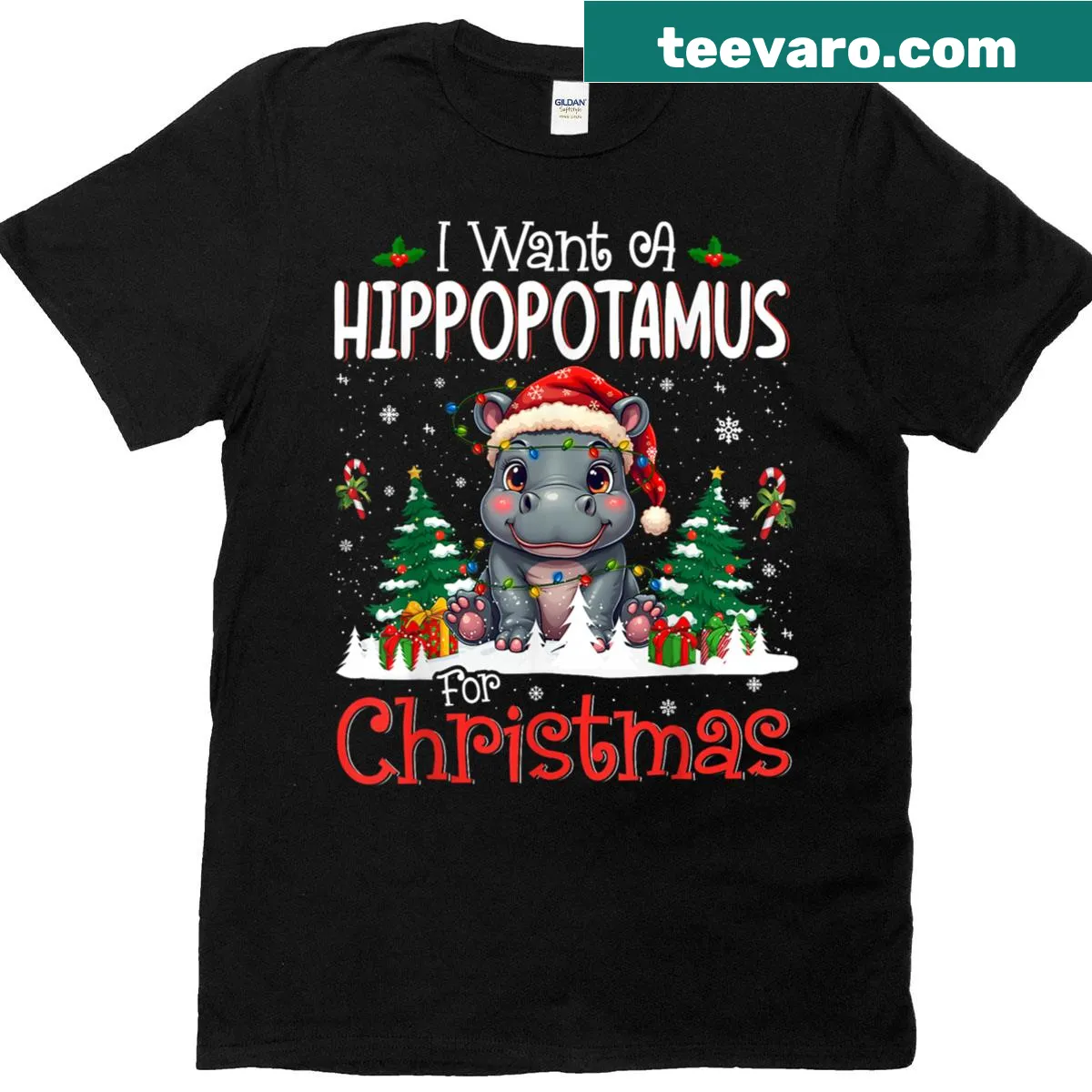 Playful Christmas T-shirt featuring a hippopotamus illustration — on a men's t-shirt