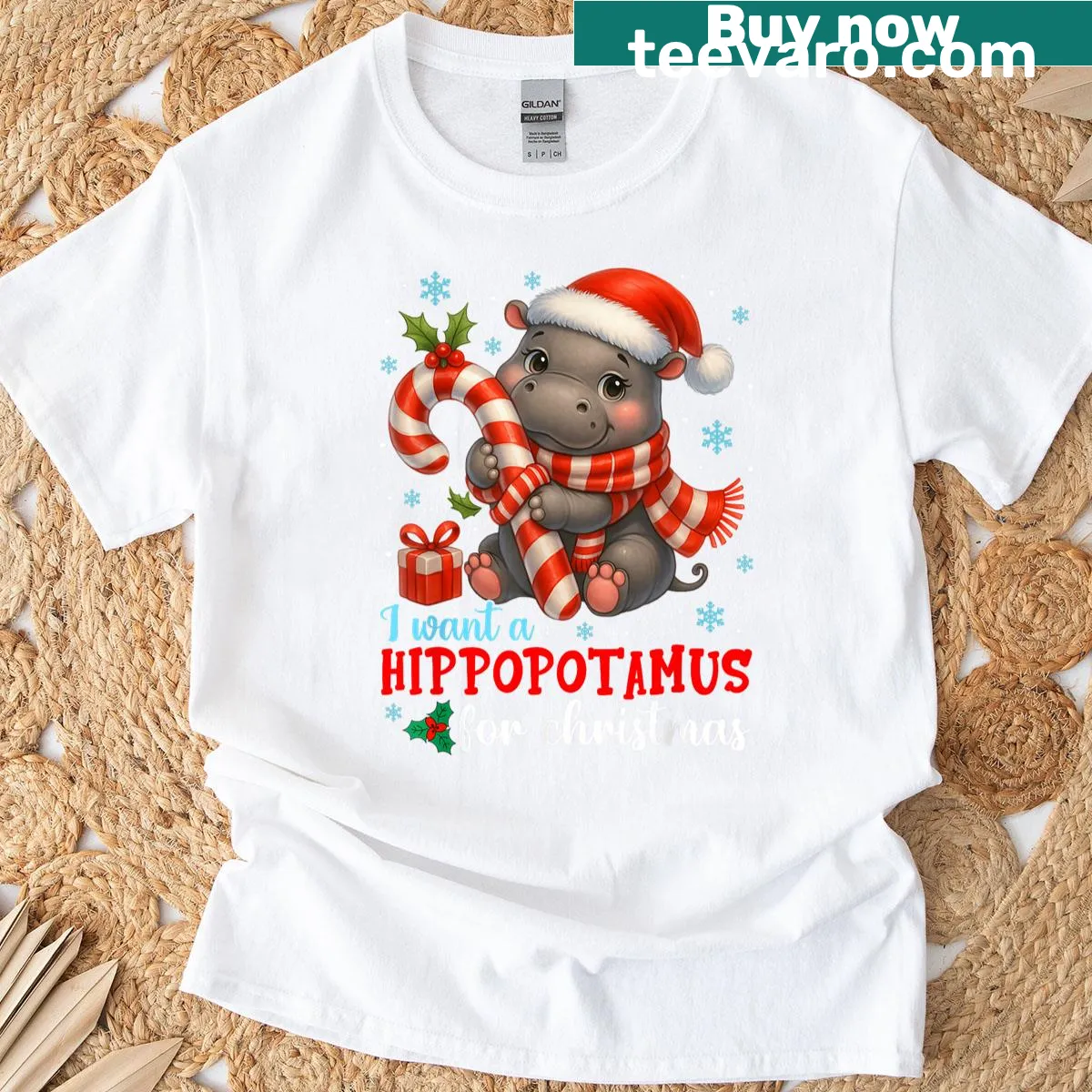 Illustration of a hippopotamus with holiday text on a t-shirt — on a men's t-shirt
