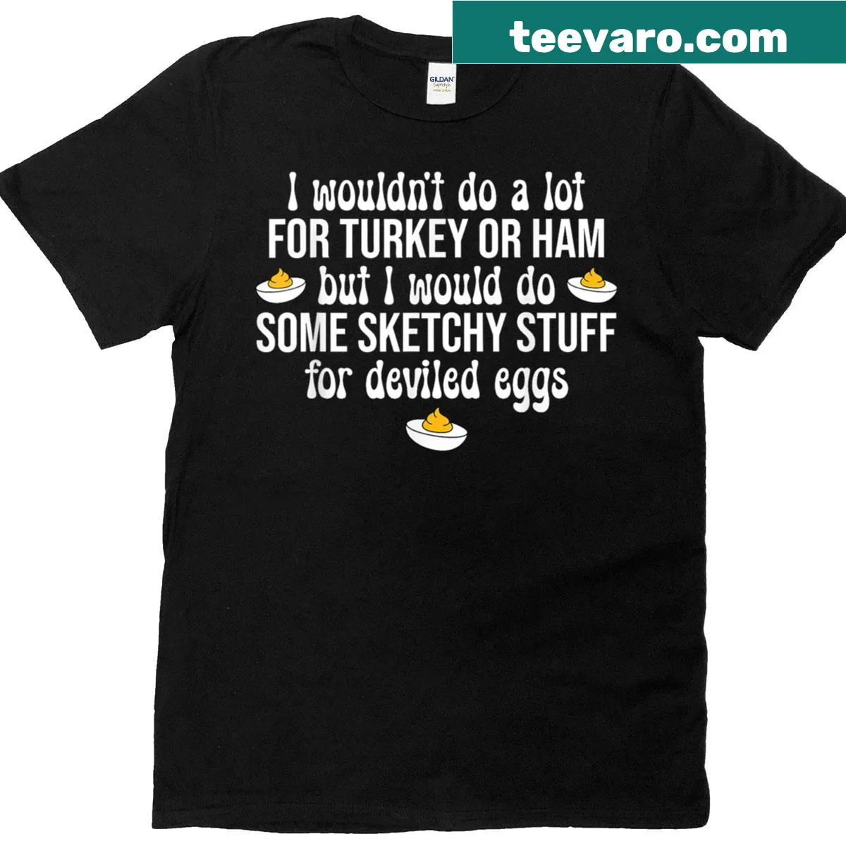 Funny Thanksgiving t-shirt prioritizing deviled eggs over turkey — on a men's t-shirt