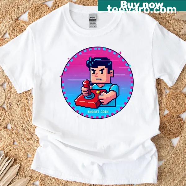Retro gaming T-shirt featuring 'Insert Coin' in pixel art style