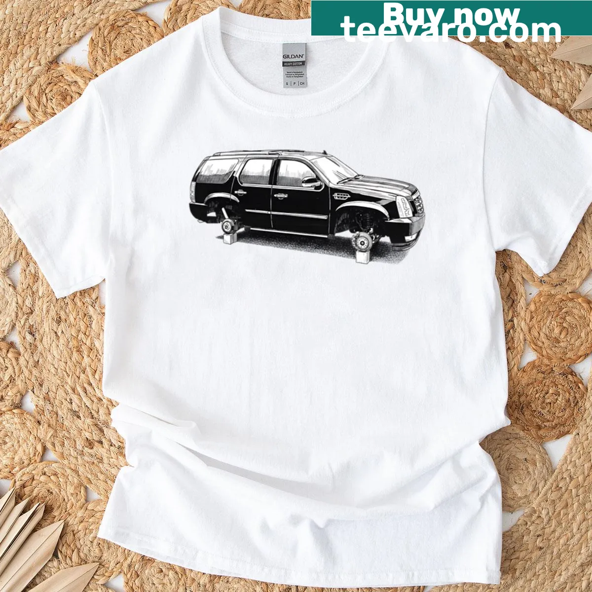 Illustrated Jacked Wheels t-shirt design combining fitness and cars — on a men's t-shirt
