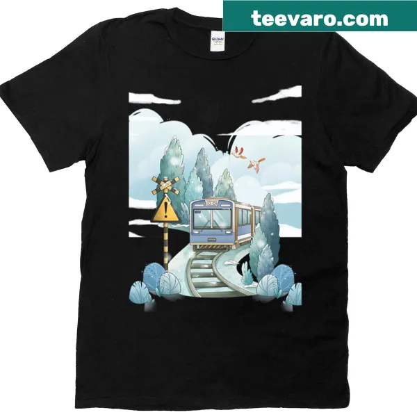 Winter train scene illustration on a t-shirt inspired by Japan.