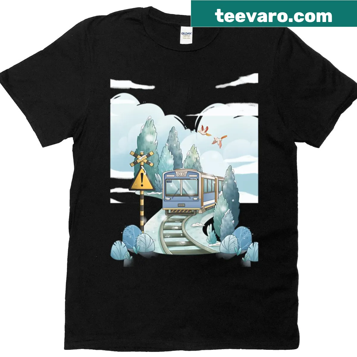 Winter train scene illustration on a t-shirt inspired by Japan. — on a men's t-shirt