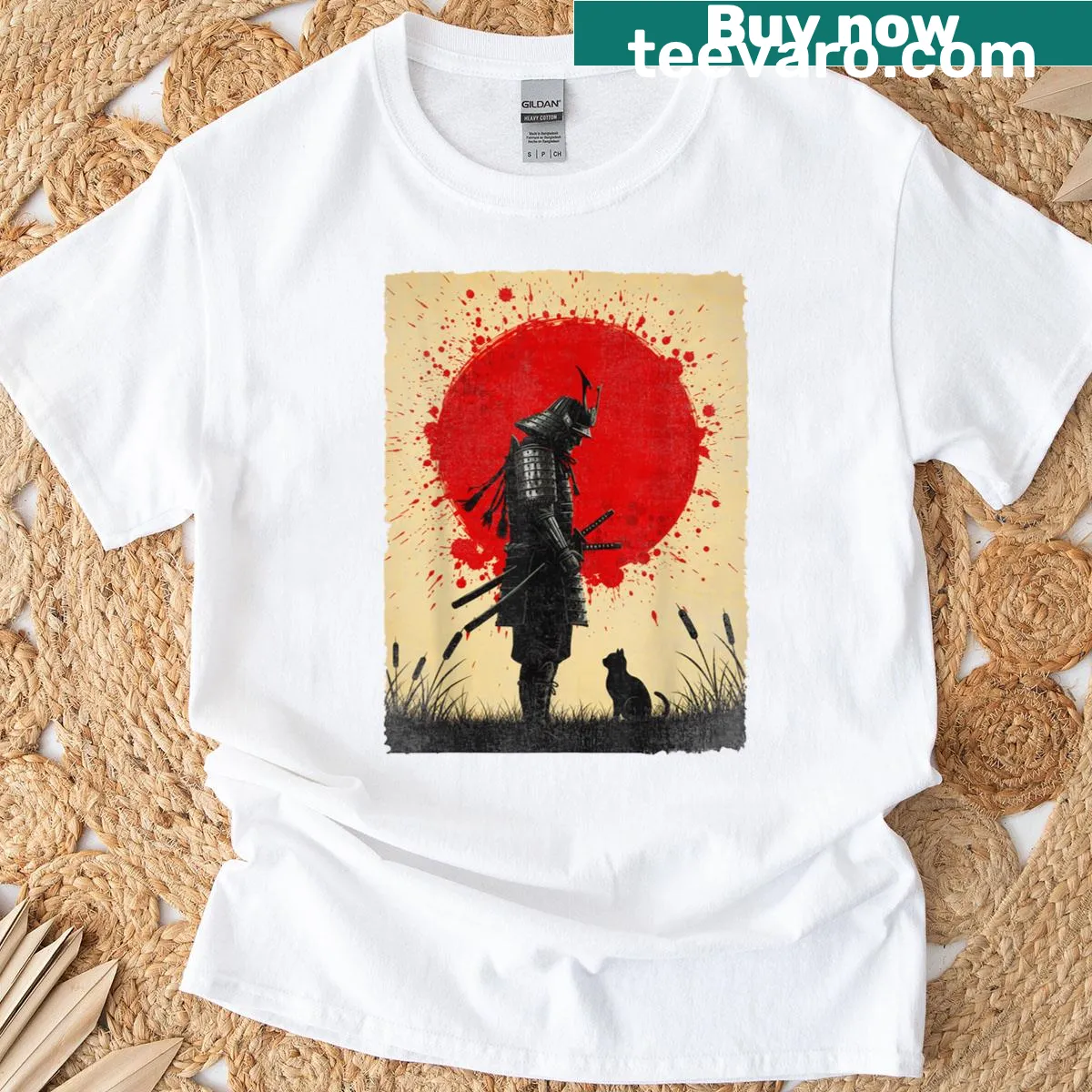 Vintage samurai and black cat graphic on a retro T-shirt — on a men's t-shirt