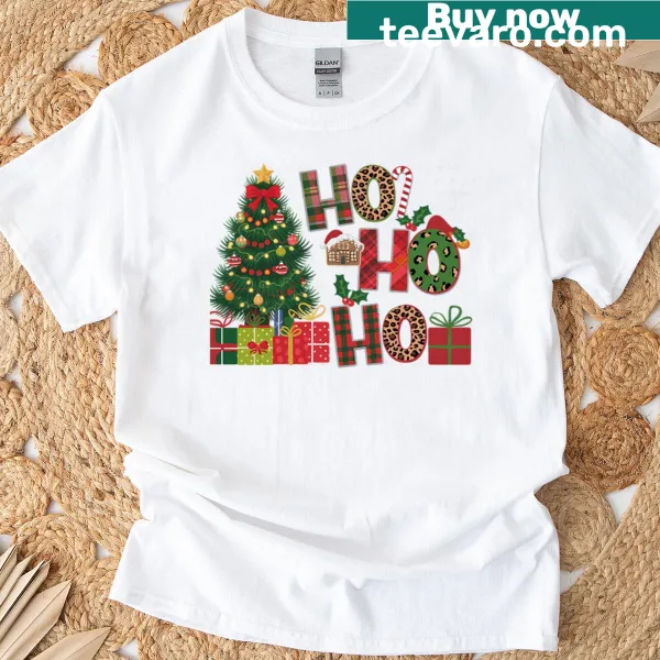 Funny Christmas t-shirt with Ho Ho Ho and leopard plaid collage