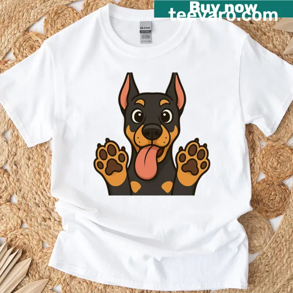Kawaii cartoon Doberman puppy licking the screen with smushed paws