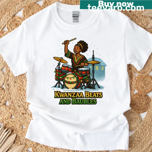 Kwanzaa-themed t-shirt with drummer and festive lights design