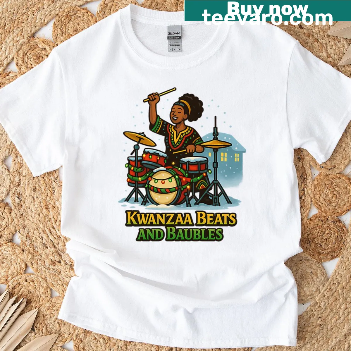 Kwanzaa-themed t-shirt with drummer and festive lights design — on a men's t-shirt