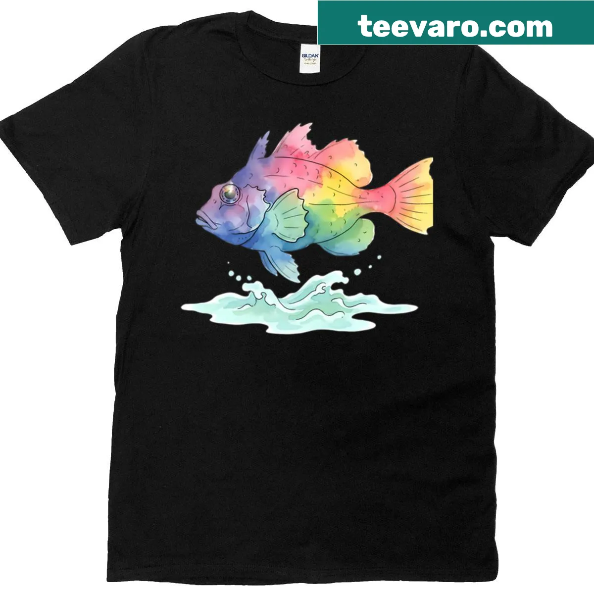 Silhouette t-shirt featuring a leaf and fish in watercolor style — on a men's t-shirt