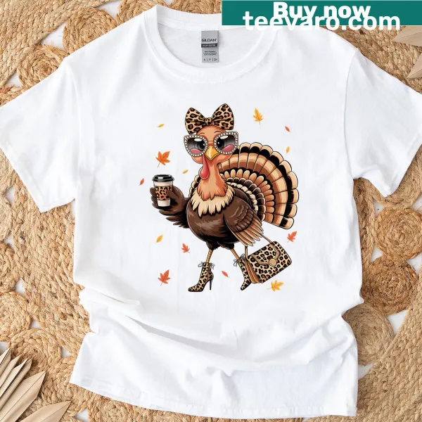 Funny Thanksgiving turkey t-shirt featuring a coffee-drinking turkey