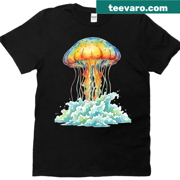 Watercolor t-shirt design featuring a lion's mane jellyfish