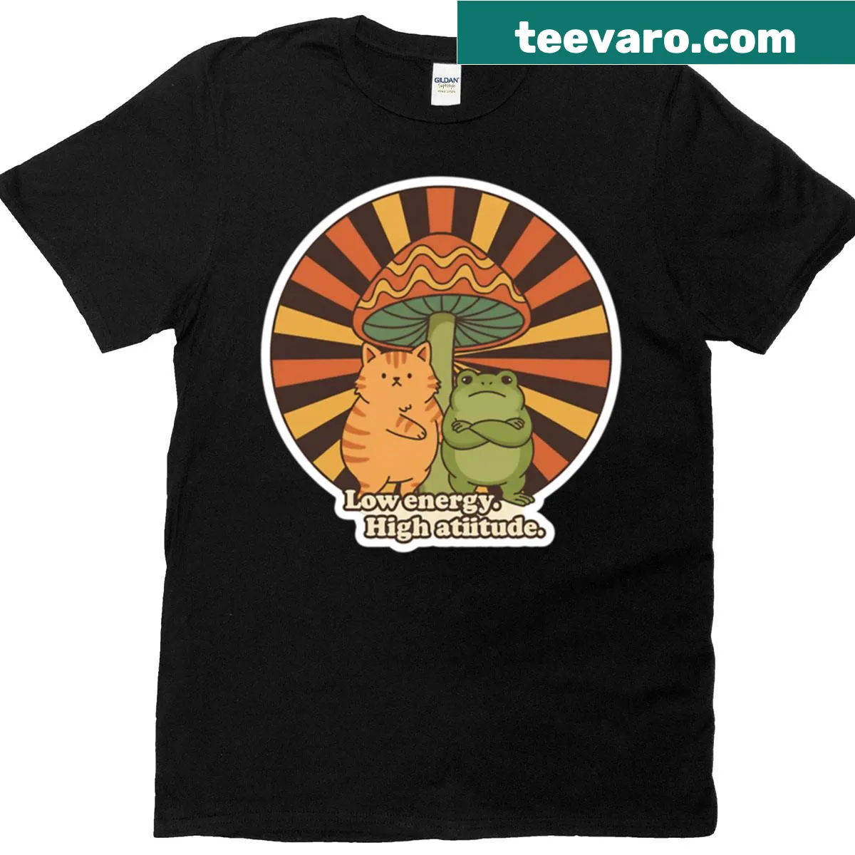 Retro T-shirt featuring a cat and frog graphic — on a men's t-shirt