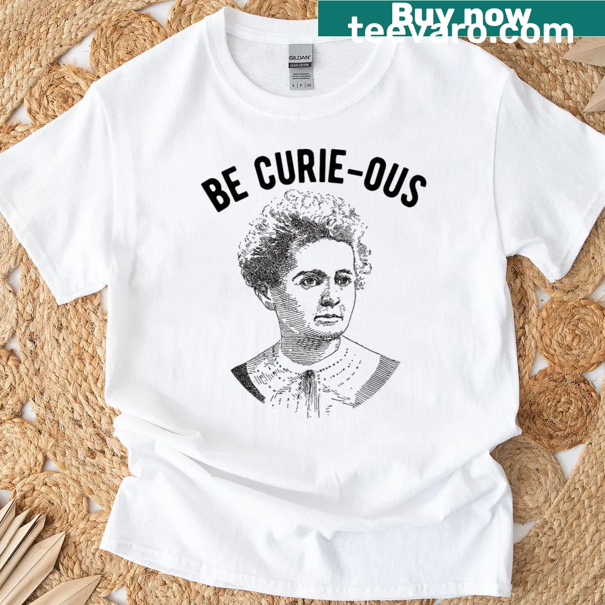 Inspirational T-shirt featuring the pun 'Be Curie-ous' for women in science — on a men's t-shirt