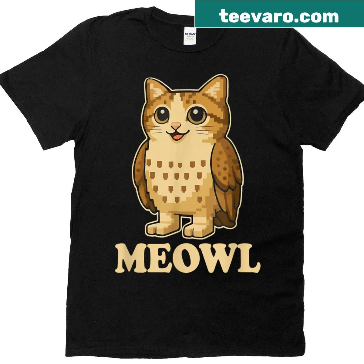 Funny t-shirt featuring a cat-owl hybrid with the word 'Meowl' — on a men's t-shirt