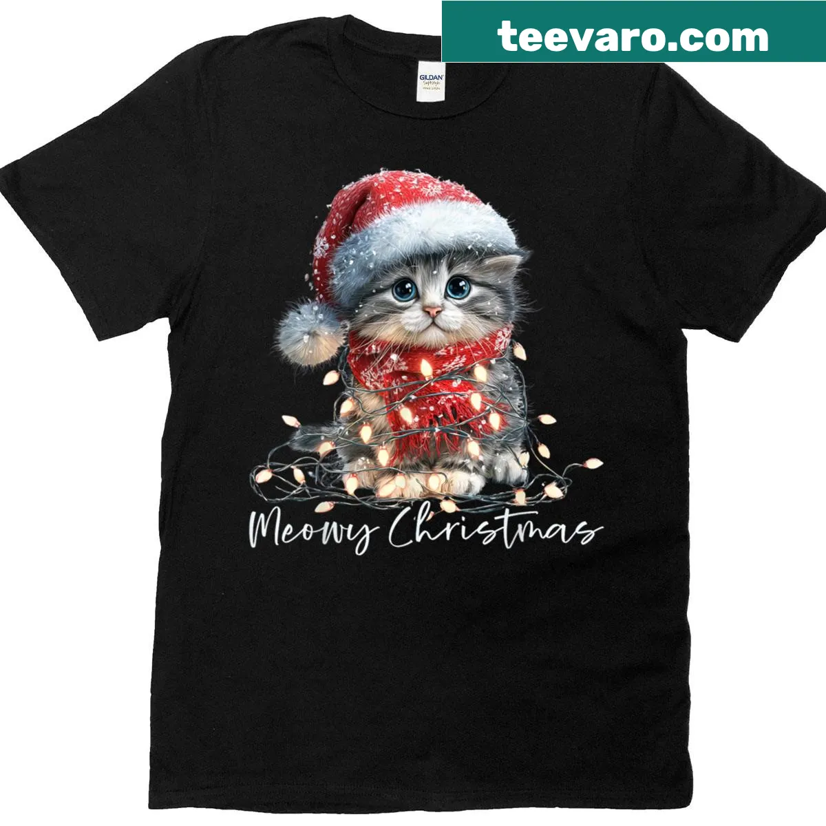 Funny holiday t-shirt featuring a black cat in a Santa hat with lights — on a men's t-shirt