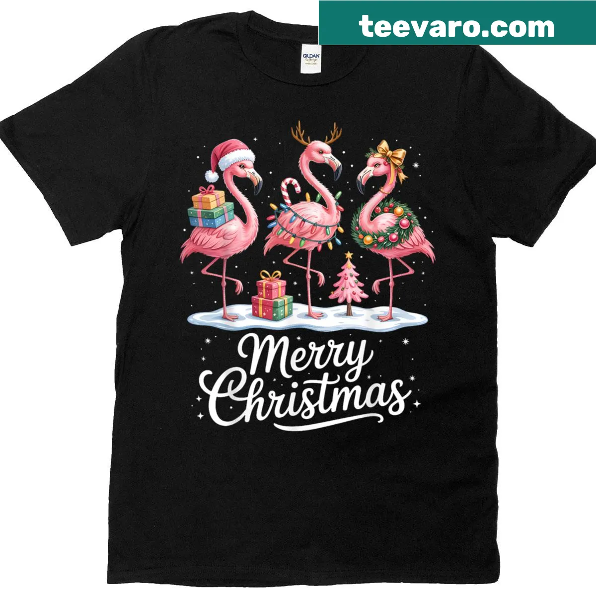 Festive Christmas t-shirt featuring flamingos in holiday attire — on a men's t-shirt