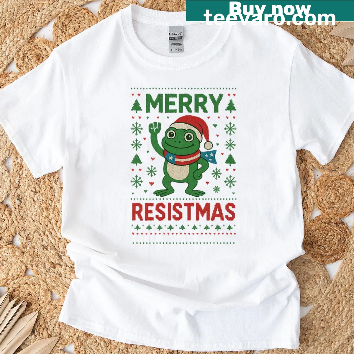 Merry Resistmas Frog shirt with humorous political design for Christmas — on a men's t-shirt