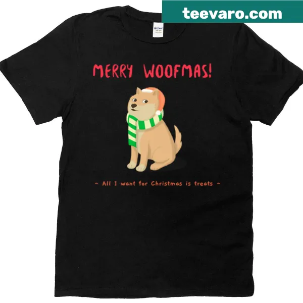 Cute holiday t-shirt with a dog illustration and text 'Merry Woofmas'
