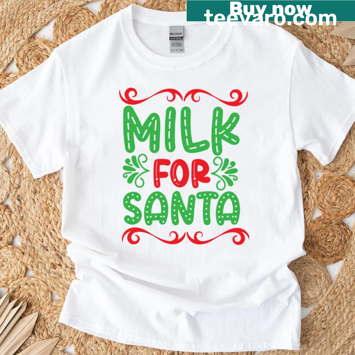 Illustrated t-shirt reminding to leave milk for Santa on Christmas Eve — on a men's t-shirt