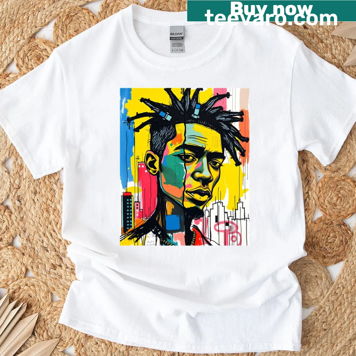 Urban art-inspired t-shirt featuring street portrait design — on a men's t-shirt