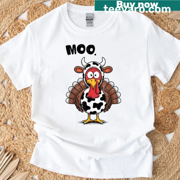 Thanksgiving T-shirt featuring cow and turkey costume illustration