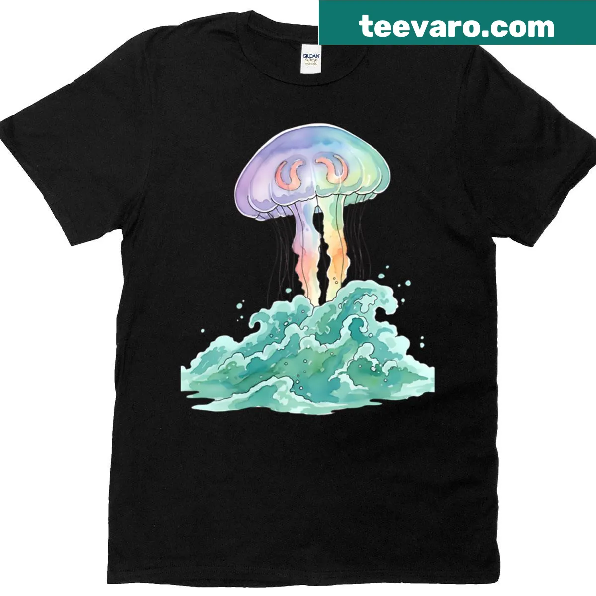 Watercolor t-shirt featuring glowing moon jellyfish design — on a men's t-shirt