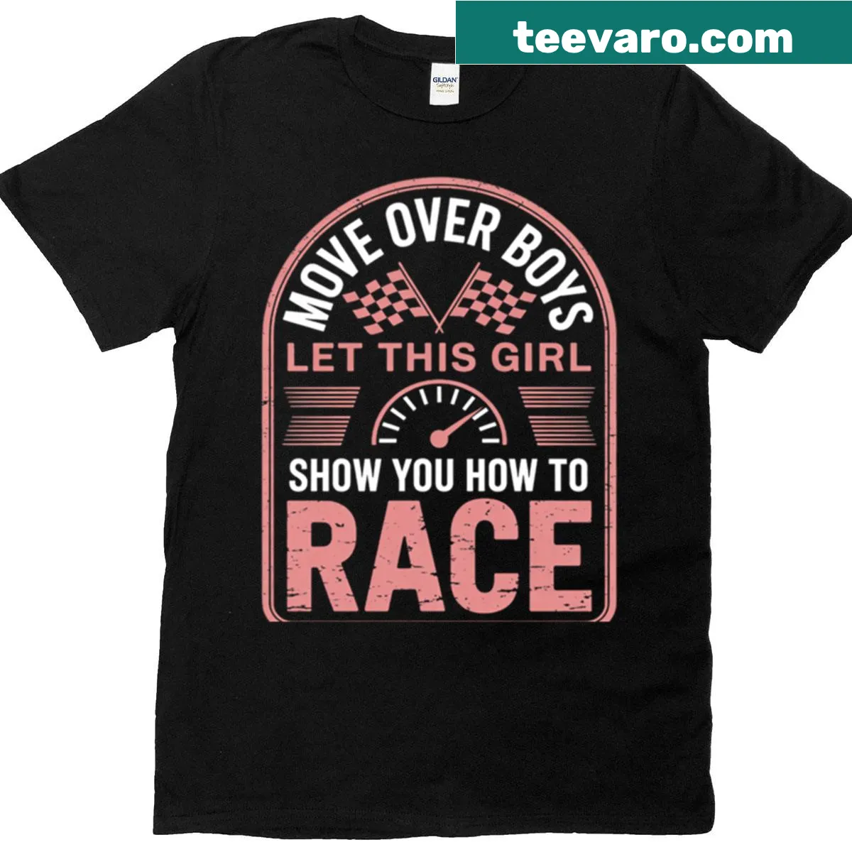 Empowering t-shirt for women in car racing with bold text — on a men's t-shirt