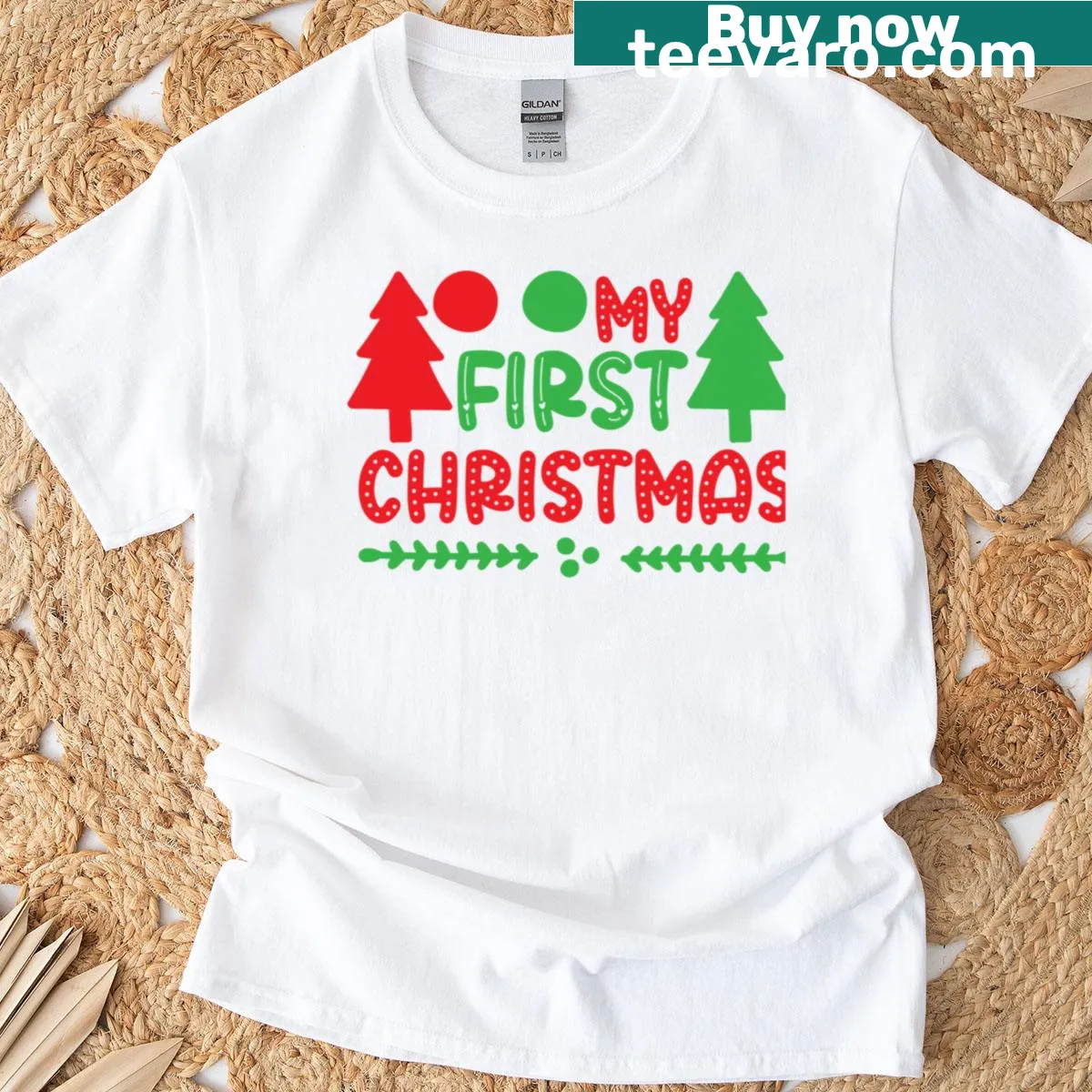 Adorable first Christmas t-shirt for babies with cartoon design — on a men's t-shirt