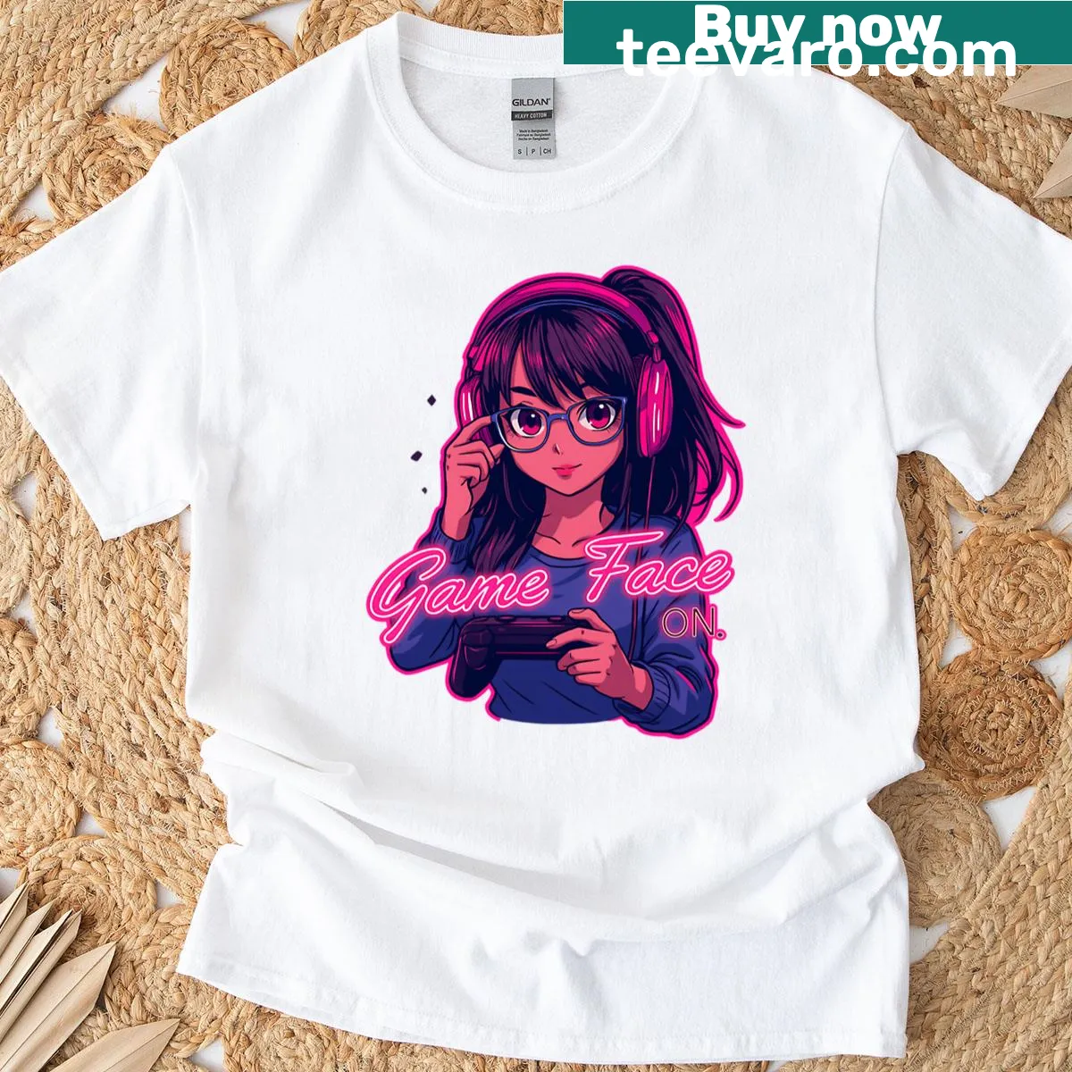 Neon Gamer Girl T-shirt featuring headset art — on a men's t-shirt