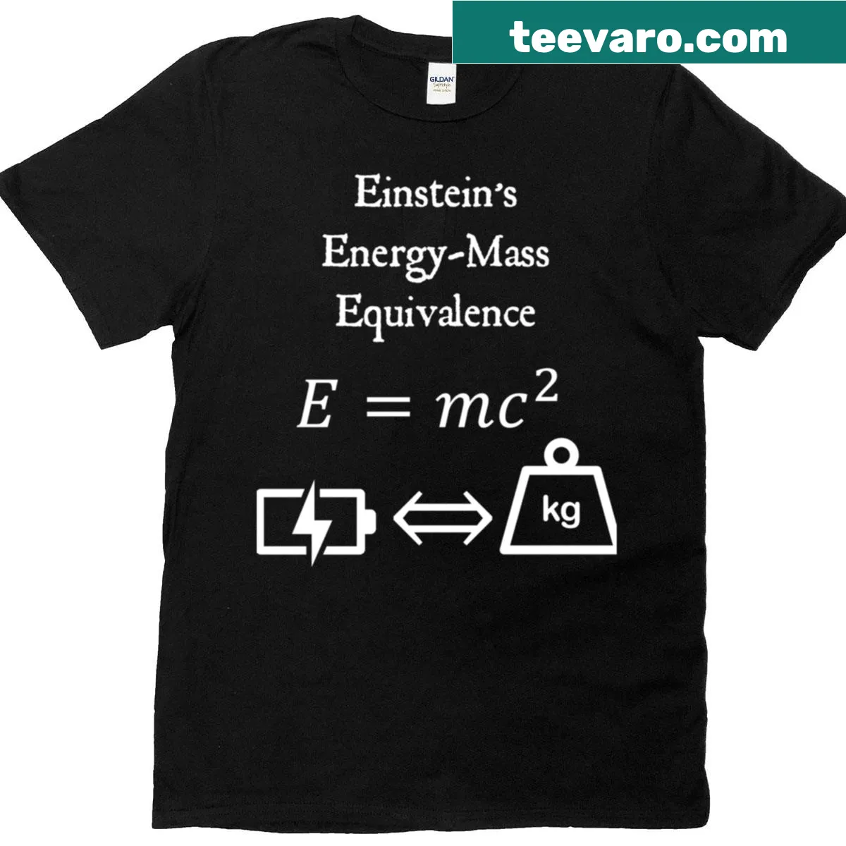 Vintage Einstein's Energy Mass Equivalence t-shirt with playful white text — on a men's t-shirt