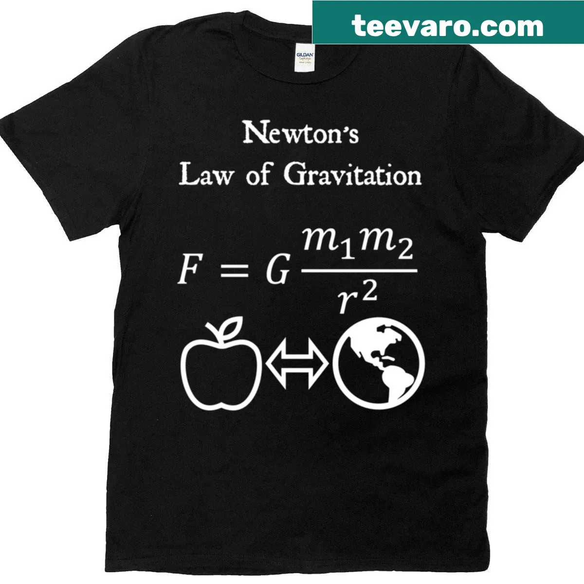 Vintage t-shirt displaying Newton's Law of Gravitation equation in white text — on a men's t-shirt