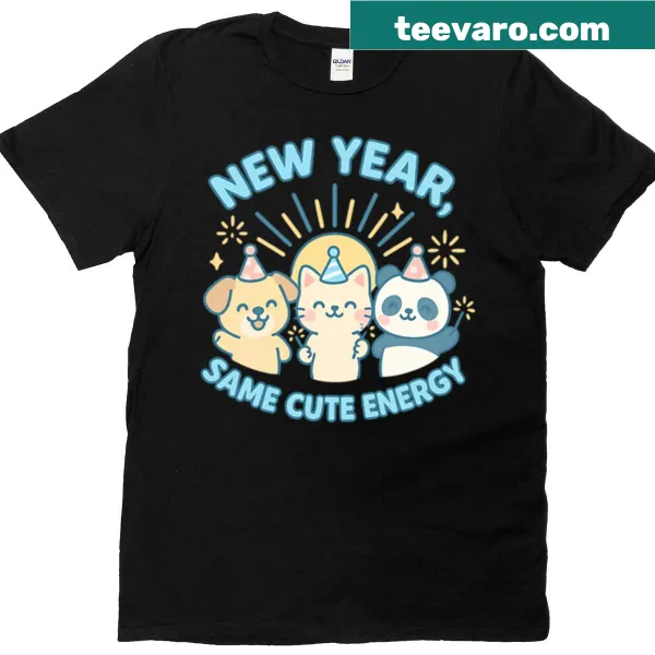 Kawaii New Year-themed T-shirt featuring cute party pets
