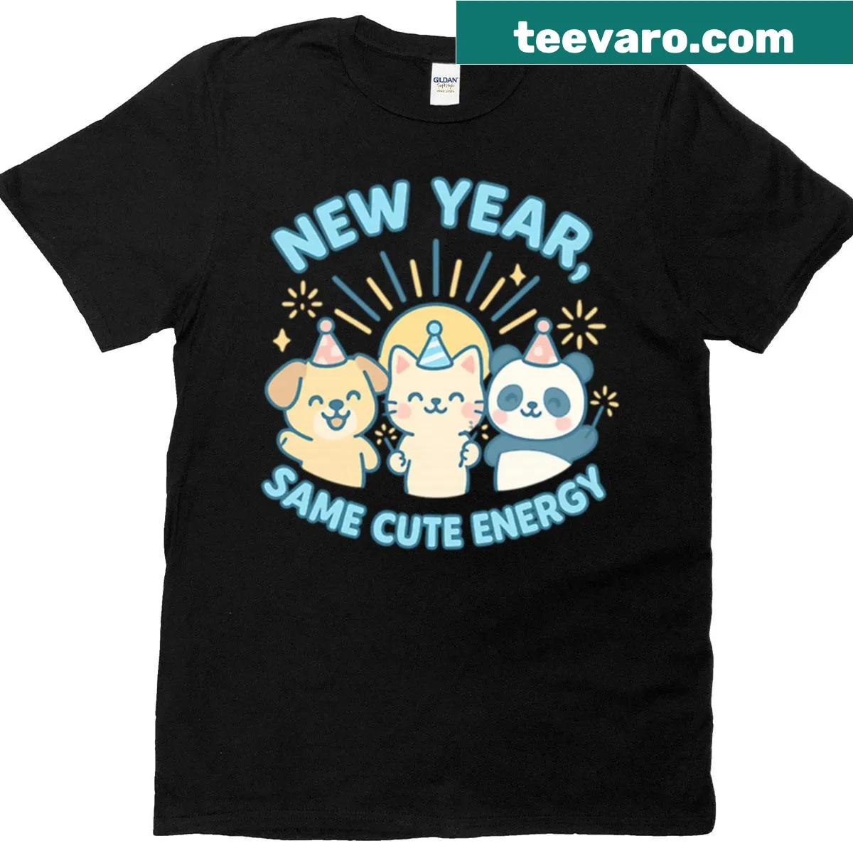 Kawaii New Year-themed T-shirt featuring cute party pets — on a men's t-shirt