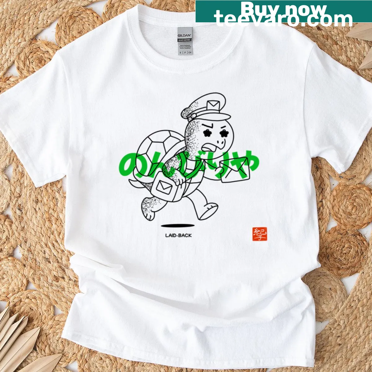 Whimsical illustration of a laid-back spirit on a t-shirt — on a men's t-shirt