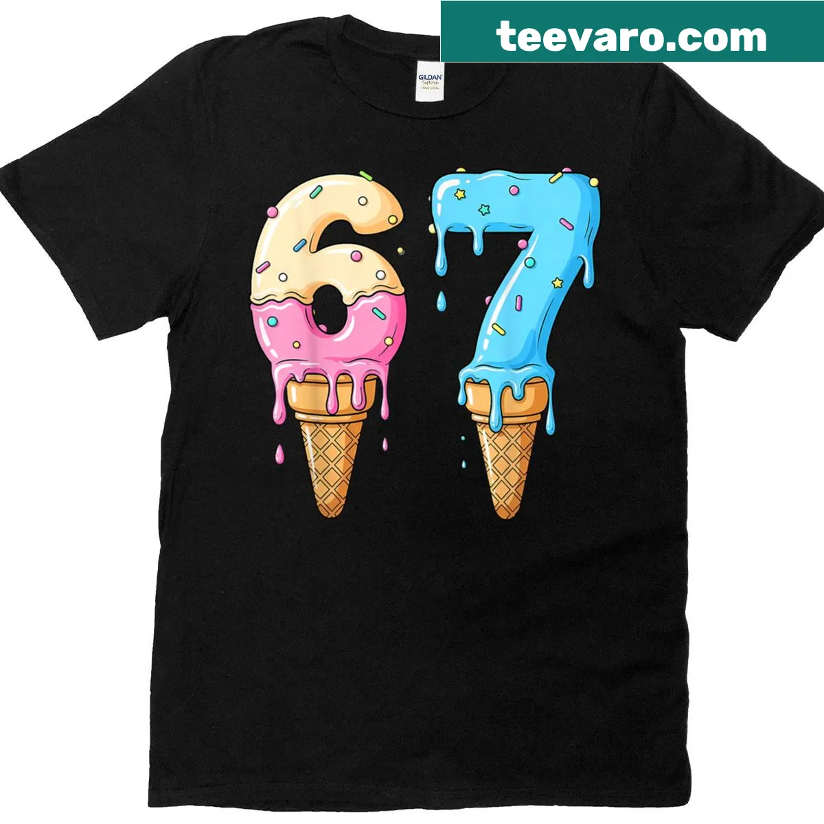 Funny ice cream-themed T-shirt featuring a drippy Number 67 Meme design — on a men's t-shirt