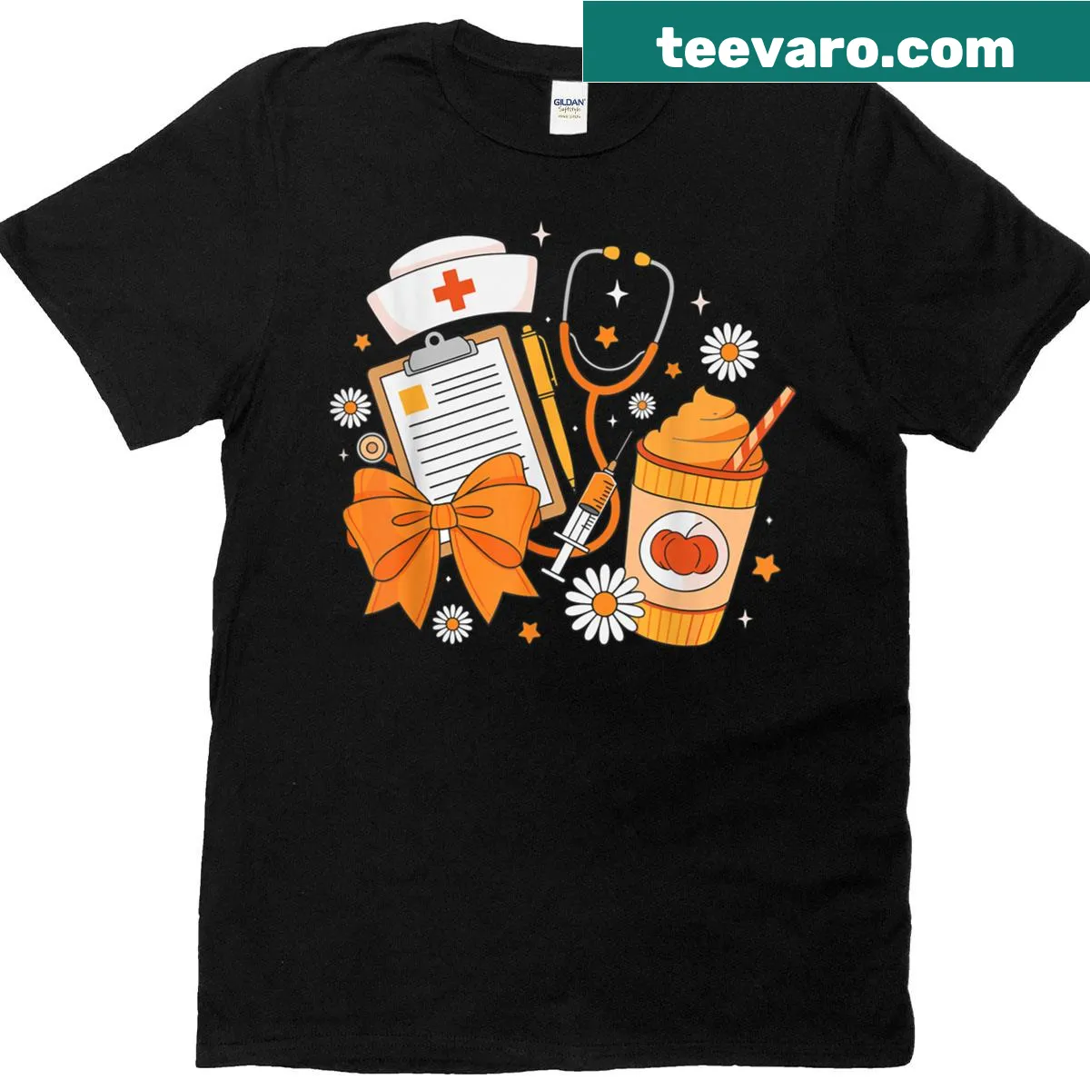 Thanksgiving T-shirt for nurses with fall-themed graphics — on a men's t-shirt